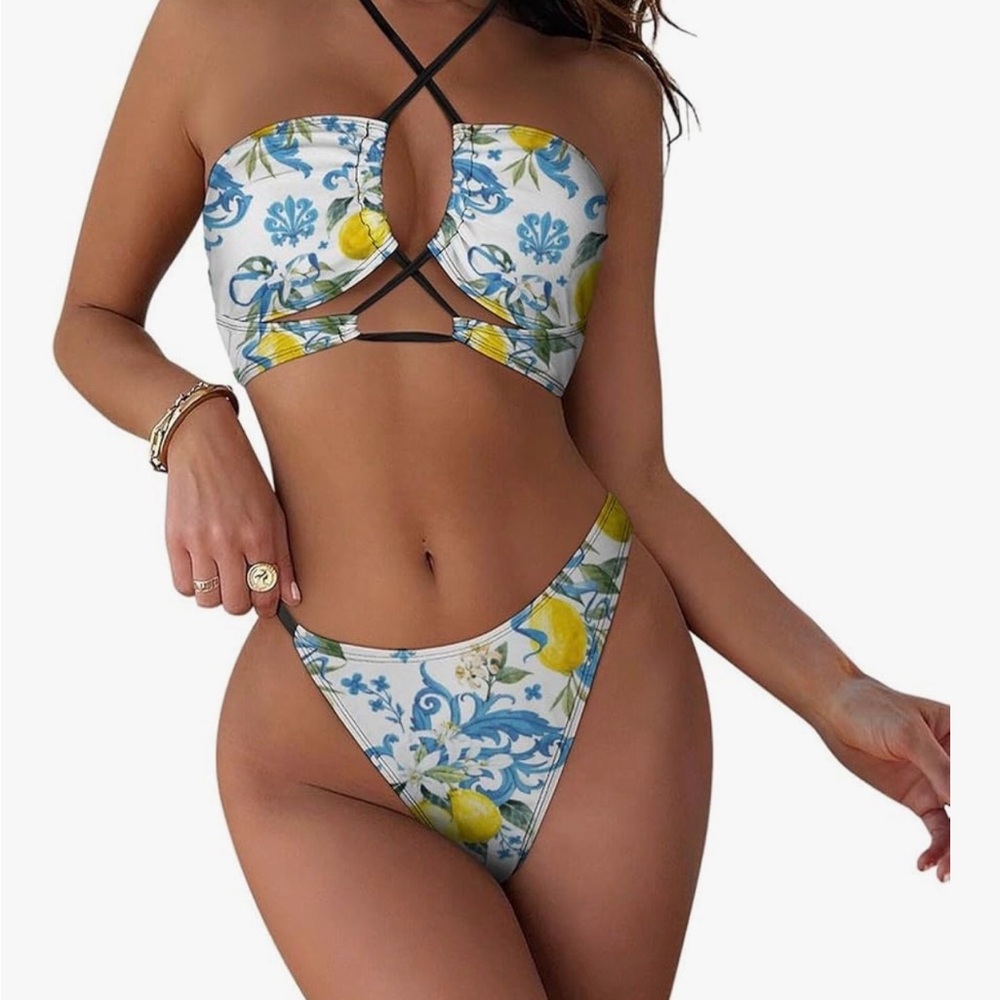 Lemon Blue and Yellow Patterned Bikini